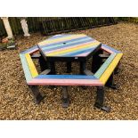 A HEXAGONAL CHILDREN'S PICNIC BENCH/TABLE SET (HEAVY DUTY PLASTIC MANUFACTURED) OVERALL WIDTH 1.