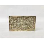 DUTCH WHITE METAL MATCHBOX HOLDER INSCRIBED "THE NIGHT WATCH" DECORATED WITH FIGURES