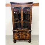 REPRODUCTION FLAME MAHOGANY CONCAVE CORNER DISPLAY CABINET WITH GLAZED DOORS H74 inch, W34 1/2 inch,