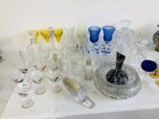 COLLECTION OF GLASSWARE TO INCLUDE DECANTERS, GLASS SLIPPERS, MULTI COLOURED ART GLASS VASE,