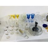 COLLECTION OF GLASSWARE TO INCLUDE DECANTERS, GLASS SLIPPERS, MULTI COLOURED ART GLASS VASE,