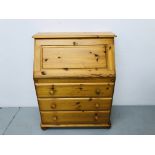 A MODERN HONEY PINE THREE DRAWER BUREAU WITH FITTED INTERIOR, WIDTH 82CM, HEIGHT 102CM,