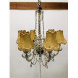 A CRYSTAL GLASS SIX BRANCH CHANDELIER LIGHT FITTING - TO BE FITTED BY QUALIFIED ELECTRICIAN (STAND