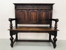 A C19TH CARVED OAK BENCH L45 inch, D17 1/2 inch,