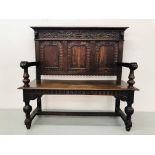 A C19TH CARVED OAK BENCH L45 inch, D17 1/2 inch,