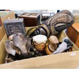 COLLECTION OF TRIBAL & ETHNIC WOODEN ITEMS TO INCLUDE AN ELEPHANT, DRUM,