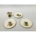 THREE WORCESTER FINE PORCELAIN PLATES WITH HANDPAINTED BIRD DESIGNS BY W.