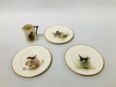 THREE WORCESTER FINE PORCELAIN PLATES WITH HANDPAINTED BIRD DESIGNS BY W.