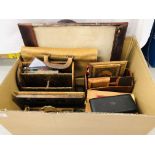 BOX OF VINTAGE STATIONERY AND DESK TIDIES TO INCLUDE A DRAWING SET,