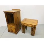 A NEST OF THREE GRADUATED VICTORIA PINE OCCASIONAL TABLES AND A HONEY PINE TWO DRAWER CABINET