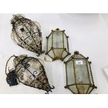 2 VINTAGE BLOWN GLASS PENDANT LANTERNS ENCASED IN A WIRE FRAME WORK ALONG WITH A PAIR OF VINTAGE