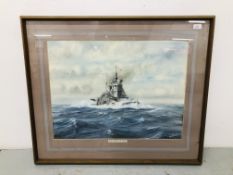 A LARGE FRAMED ORIGINAL WATERCOLOUR "HMS DUKE OF YORK" BEARING SIGNATURE CHRIS WILLIAMS 77 (SOME