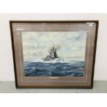 A LARGE FRAMED ORIGINAL WATERCOLOUR "HMS DUKE OF YORK" BEARING SIGNATURE CHRIS WILLIAMS 77 (SOME