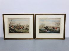 TWO H. ALKEN COLOURED ENGRAVINGS, FRAMED AND MOUNTED FOX HUNTING NO. 3 'IN VAIN THE STREAM' AND NO.