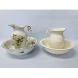 HUGHS LONGFORT FLORAL DECORATED WASH JUG AND BOWL AND ONE OTHER CREAMWARE JUG AND BOWL