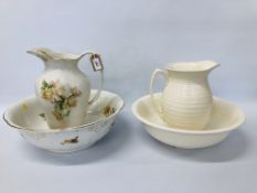 HUGHS LONGFORT FLORAL DECORATED WASH JUG AND BOWL AND ONE OTHER CREAMWARE JUG AND BOWL