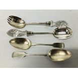 A PAIR OF SILVER SALAD SERVERS WITH GLASS HANDLES,