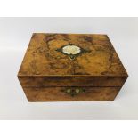PERIOD BURR WALNUT SEWING BOX INSET MOTHER OF PEARL DETAIL DEPICTING DOVES NESTING INCLUDING