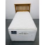 A SEALY POSTUREPEDIC "PEARL LUXURY" SINGLE DIVAN BED WITH DRAWER BASE AND SOLID PINE HONEY PINE