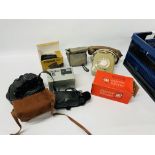 BOX OF MIXED CAMERAS TO INCLUDE MINOLTA, PATERSON VIEWER, BROWNIE, RANGER 8 X 30 BINOCULARS,