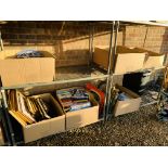 BOX OF FRAMED PICTURES AND PRINTS, BOX OF ASSORTED BOOKS, 1960'S MIRROR,