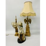 A TABLE LAMP WITH EAGLE DESIGN AND ONE FURTHER THREE BRANCH TABLE LAMP AND "SLEEPY MEXICAN" TABLE