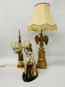 A TABLE LAMP WITH EAGLE DESIGN AND ONE FURTHER THREE BRANCH TABLE LAMP AND "SLEEPY MEXICAN" TABLE