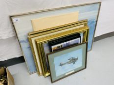 7 X FRAMED AVIATION RELATED PRINTS TO INCLUDE MILITARY + 3 CALENDARS