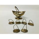 SILVER BASKET TOGETHER WITH 6 SILVER DECANTER LABELS BIRMINGHAM ASSAY (2 X SHERRY, PORT, GIN,