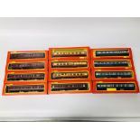 A COLLECTION OF 12 BOXED HORNBY 00 GAUGE COACHES TO INCL. R.628,R.627, R.626, R.422, R.726, R.