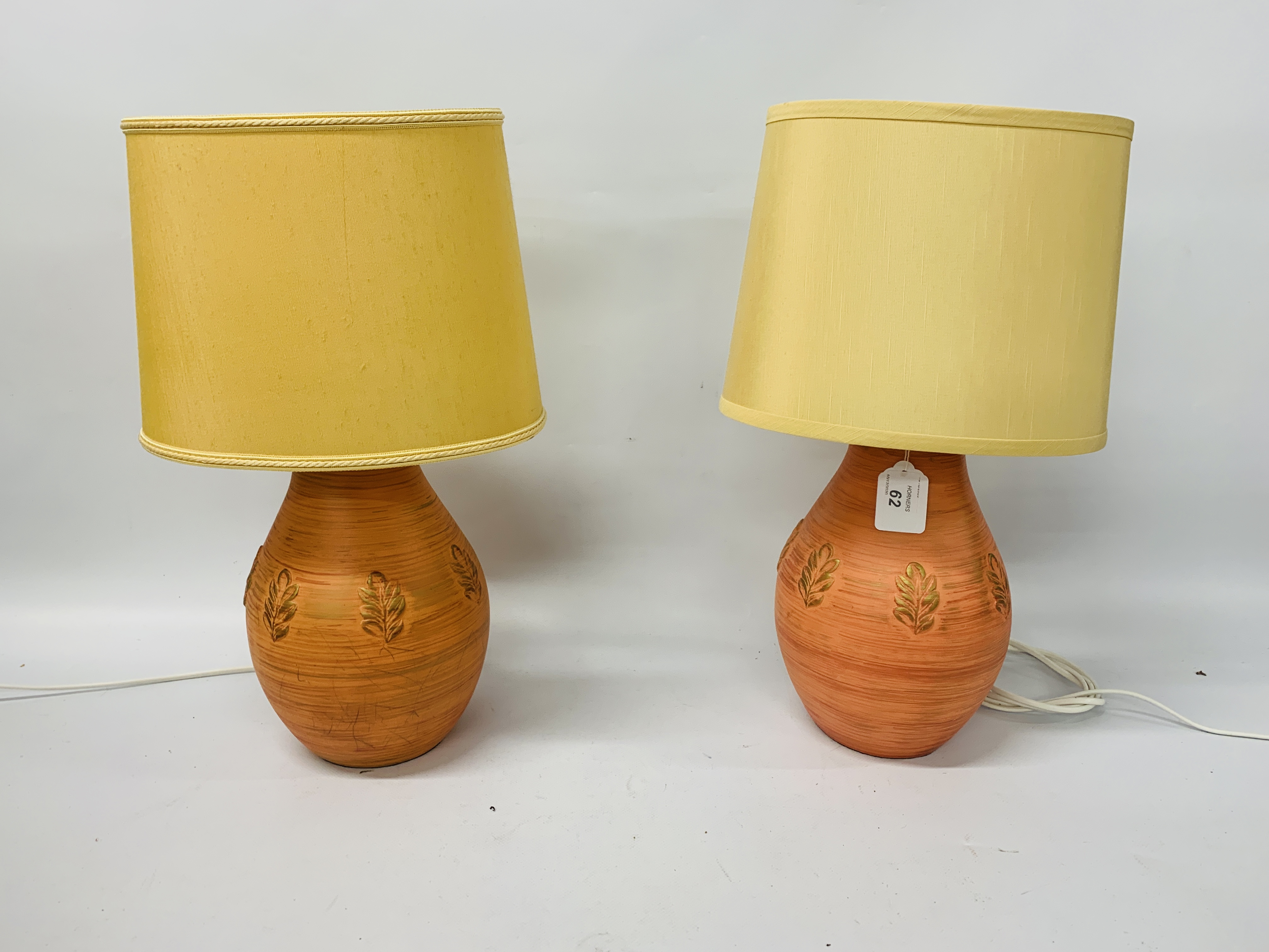 A PAIR OF "NATURAL WORLD" POTTERY TABLE LAMPS WITH SHADES - SOLD AS SEEN