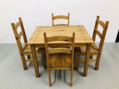 A MEXICAN WAXED PINE DINING SET COMPRISING OF TABLE AND FOUR CHAIRS (TABLE 100CM X 80CM)
