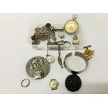 BOX OF MIXED JEWELLERY TO INCLUDE VARIOUS SILVER WATCH CHAINS, POCKET WATCH,