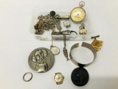 BOX OF MIXED JEWELLERY TO INCLUDE VARIOUS SILVER WATCH CHAINS, POCKET WATCH,