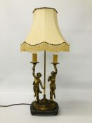 A BRASS TWIN FIGURED TABLE LAMP ON MARBLE BASE