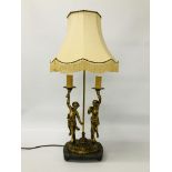 A BRASS TWIN FIGURED TABLE LAMP ON MARBLE BASE