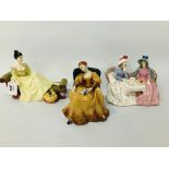 3 X ROYAL DOULTON FIGURINES TO INCLUDE ROMANCE HN 2430, AT EASE HN 2473,