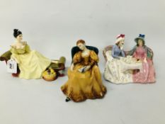 3 X ROYAL DOULTON FIGURINES TO INCLUDE ROMANCE HN 2430, AT EASE HN 2473,