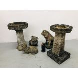 A COLLECTION OF STONEWORK GARDEN ORNAMENTS TO INCLUDE TWO BULLDOGS, TWO BIRD BATHS,