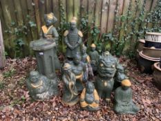 A COLLECTION OF 19 ORIENTAL GARDEN ORNAMENTS TO INCLUDE BUDDHA, FOO DOG, WARRIORS ETC.