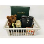 BASKET OF COLLECTIBLES TO INCLUDE PHOTO ALBUM, PAIR OF 8 X 30 BINOCULARS MADE IN USSR CASED,