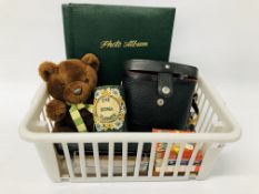 BASKET OF COLLECTIBLES TO INCLUDE PHOTO ALBUM, PAIR OF 8 X 30 BINOCULARS MADE IN USSR CASED,