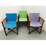 THREE HARDWOOD FOLDING DIRECTORS STYLE CHAIRS WITH COLOURED CANVAS SEATS & BACKS (ONE A/F)