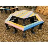 A HEXAGONAL CHILDREN'S PICNIC BENCH/TABLE SET (HEAVY DUTY PLASTIC MANUFACTURED) OVERALL WIDTH 1.