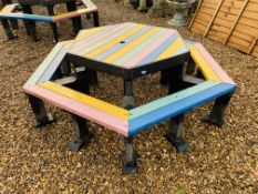 A HEXAGONAL CHILDREN'S PICNIC BENCH/TABLE SET (HEAVY DUTY PLASTIC MANUFACTURED) OVERALL WIDTH 1.