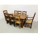 HEAVY OAK EXTENDING FARMHOUSE DINING TABLE WITH EIGHT DINING CHAIRS (SIX SIDE,