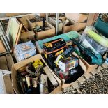 3 X BOXES OF SHED SUNDRIES TO INCLUDE HAND TOOLS, JUMP START PACK, BATTERY CHARGE, CASCADE PLANTER,