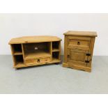 A MEXICAN WAXED PINE TELEVISION STAND AND MEXICAN WAXED PINE SINGLE DRAWER BEDSIDE CABINET