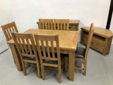 LIGHT OAK EXTENDING DINING TABLE AND SIX CHAIRS,