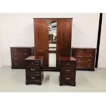 "STAG" MAHOGANY FINISH PIECE BEDROOM SUITE COMPRISING PAIR OF 3 DRAWER BEDSIDE CHEST,
